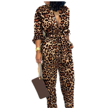 Most Popular Fall Autumn Custom Women Fitted Rompers Leopard Print Bandage Jumpsuits for Ladies